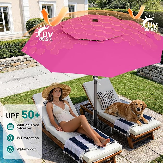AreShark 10ft 2 Tiers Patio Umbrella - Outdoor Umbrella Waterproof UV Protection, Market Table Umbrella w/Push Button Tilt&Crank for Pool, Porch, Garden(Rose Pink)