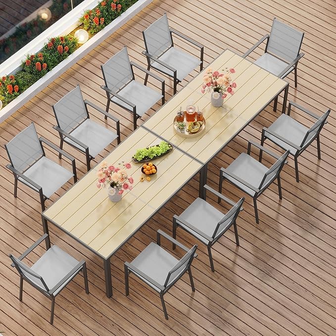 Ahomly Patio Table and Chairs Set for 6, Outdoor Dining Set Includes 59.5" Rectangle Patio Table with Side Umbrella Hole and 6 Textilene Fabric Patio Chairs for Courtyard, Backyard, Pool, Grey&Brown
