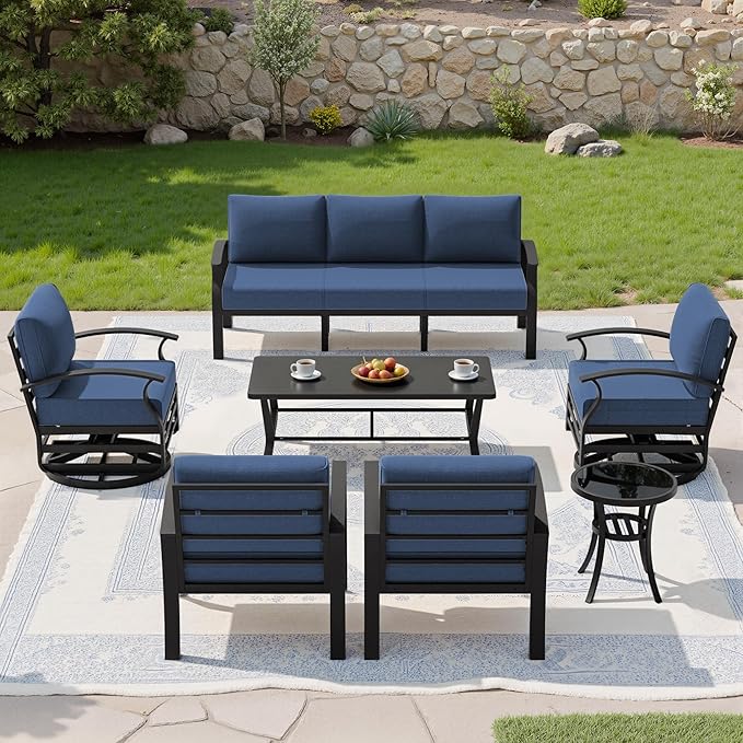 Kullavik Aluminum Patio Furniture Set with Rectangular Coffee Table,7-seat Metal Outdoor Sectional Furniture w/5.1" Cushions,Patio Conversation Sets with Swivel Chairs for Backyard,Porch-Navy Blue