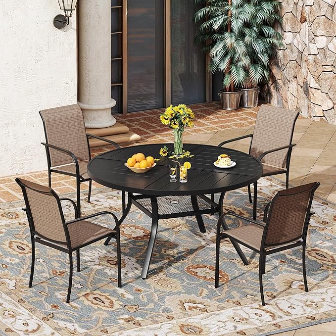 VICLLAX 5 Pieces Patio Outdoor Dining Set, 40.6" Round Metal Table with Umbrella Hole and Storage Shelf, 4 Stackable Textilene Chairs for Patio, Lawn, Garden, Porch, Black/Brown