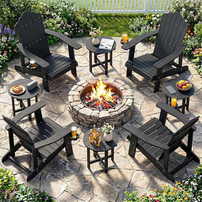 Tangkula Round Outdoor Side Table Set of 2, Adirondack Side Table with Weather-Resistant, Waterproof Top, Small Outside End Table for Patio Deck Pool Porch, Easy Maintenance (Black,2)
