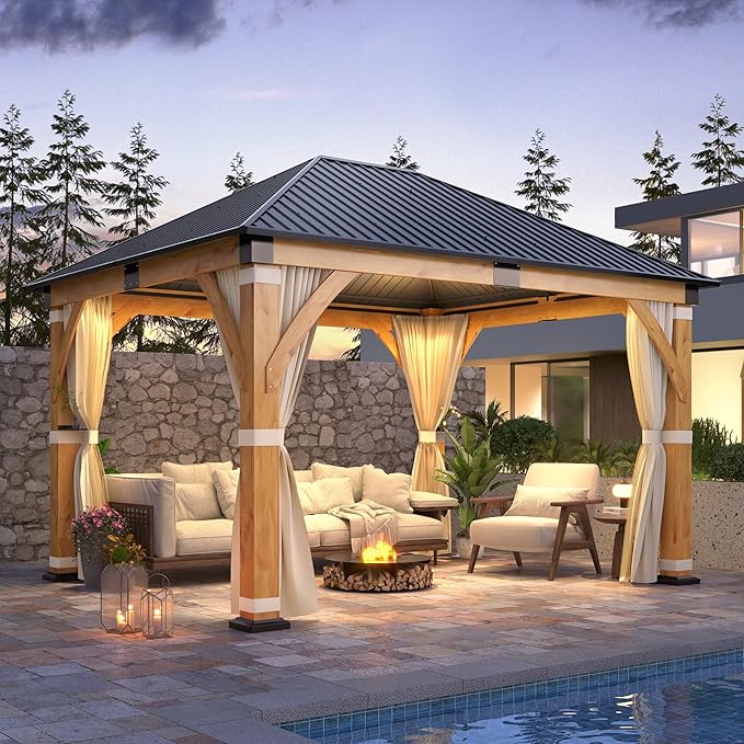 COVERONICS 11' x 13' Outdoor Wood Gazebo with Galvanized Steel Roof, Heavy-Duty Spruce Wood Frame Patio Hardtop Gazebo with Netting & Curtains for Backyard, Deck, Poolside, Garden