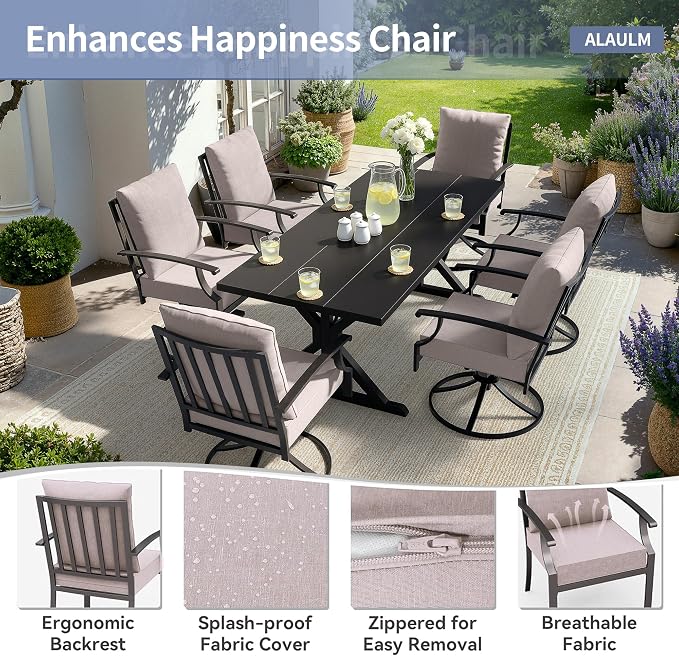 ALAULM 7-Piece Patio Dining Set,Outdoor Metal Dining Set with 6 Swivel Chairs & Rectangle Table with 1.5 Umbrella Hole, Patio Dining Table and Chairs for Backyard, Sand