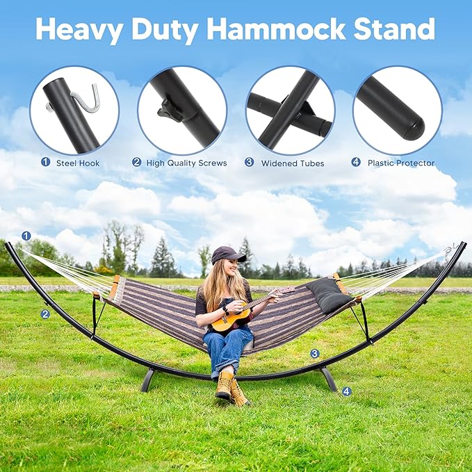 SUNCREAT Hammocks for Outside with Stand, Porch Hammock and Stand, 475 lbs Capacity, Patent Pending, Gray Stripes