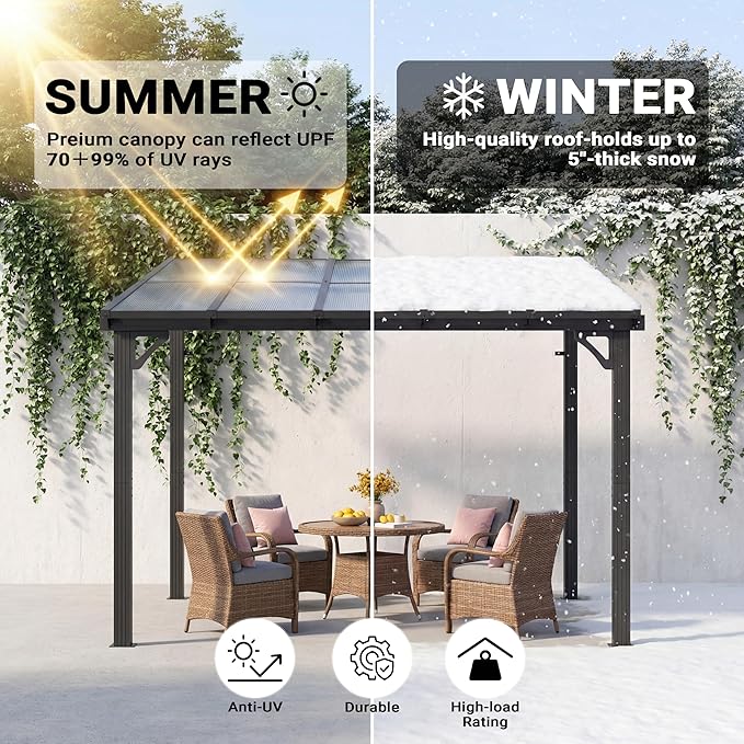 AirWire 10x10 FT Gazebo, Pergola Awnings for Patio with Hardtop Gazebos on Clearance, Patio Covers for Shade and Rain, Lean to Gazebo Sunroom Patio Canopy Outdoor Pergolas for Patios,Decks,Backyard