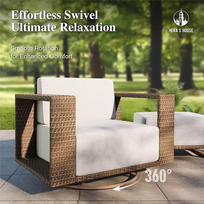 HERA'S HOUSE 4 Pieces Patio Furniture Set with Swivel Chairs & Fire Pit, Outdoor Sectional Rattan Wicker Sofas with 10" Thick Cushion, Low Profile Lawn Deck Furniture with Wide Armrest