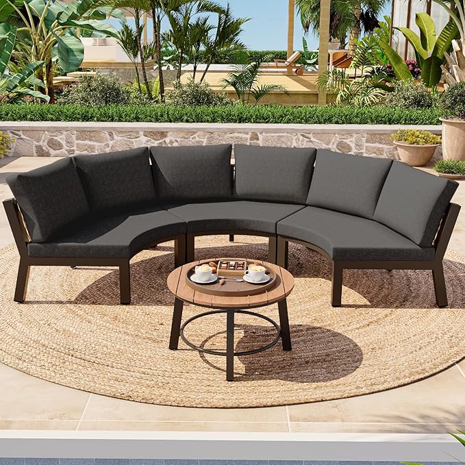 Patio Furniture Set, Aluminum Half-Moon Patio Conversation Sets, Luxury Outdoor Sectional Sofa with PE Rope, All-Weather 4 Piece Outdoor Couch with Modular Coffee Table & Cushions, Graphite