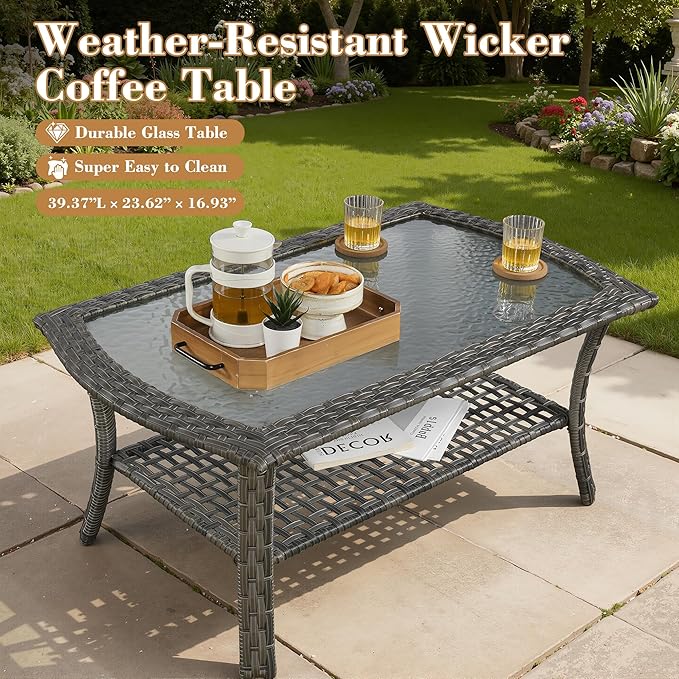 5 Pieces Patio Furniture Set, All Weather Rattan Patio Conversation Sets with Swivel Rocking Chairs, Coffee Table, High Back Outdoor Furniture Loveseat for Porch, Backyard,Grey