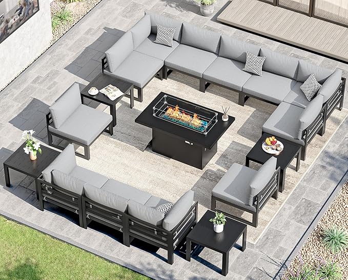 NICESOUL 17 Piece Oversized Aluminum Outdoor Patio Furniture Set with Fire Pit Table & Coffee Table, 29" Wide Deep Sectional Sofa, 500 lbs Heavy Duty Comfortable Conversation Set for Deck, Light Gray
