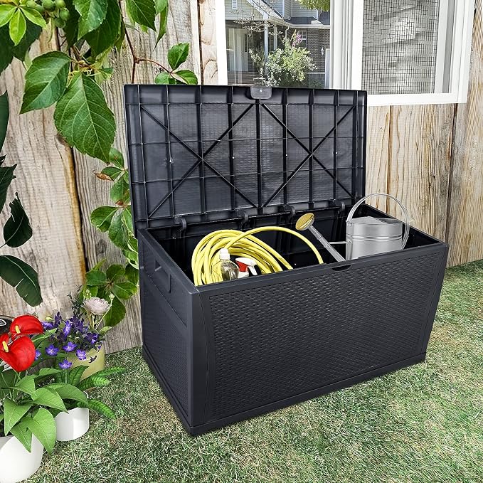 Henf 120 Gallon Outdoor Garden Plastic Storage Deck Box, Weatherproof Resin Container Storage Box Chest Table for Backyard Patio, Rattan-Look Design