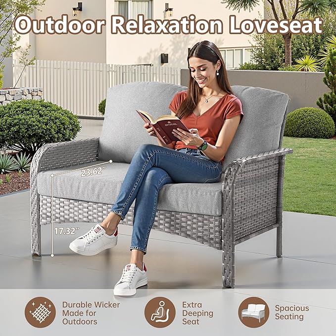 4 PCS Outdoor Patio Furniture Set with Glass Table, All-Weather Rattan Wicker Outdoor Conversation Set with Thickened Cushions for Balcony Backyard Garden Lawn,Dark Grey