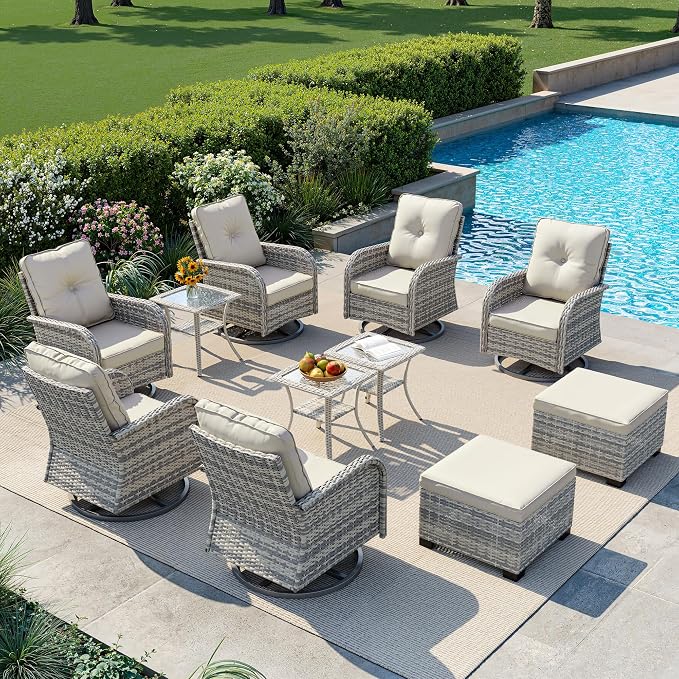 11-Piece Small Patio Furniture Set, Outdoor Swivel Rocking Chairs Set with Ottomans, Patio Bistro Set for Balcony, Deck, Porch,Ivory