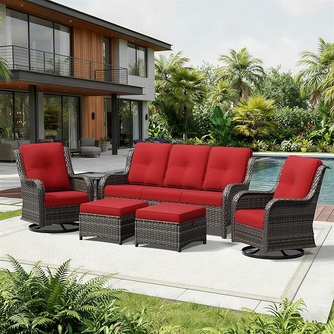 Joyside 6 Piece Wicker Patio Furniture Set, Outdoor Swivel Rocker Patio Chairs with High Back, Deep Seating, Wide Armrest, Thickened Cushions, Outdoor Furniture for Deck, Porch Use