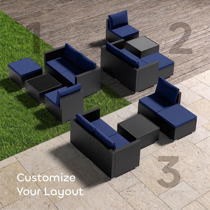 Skyfish Patio Furniture Set - Wide Armrests - All-Weather 5 Piece Outdoor Wicker Sectional Couch with Chaise Lounge,Couch Conversation Set, PE Rattan Sofa for Backyard Porch Poolside Black/Navy Blue