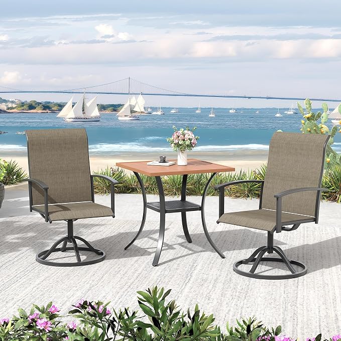 VICLLAX 3 Pieces Patio Outdoor Dining Set, 2 Swivel Textilene Chairs and 27.6" Square Metal Table with Storage for Porch, Deck, Garden, Walnut/Brown