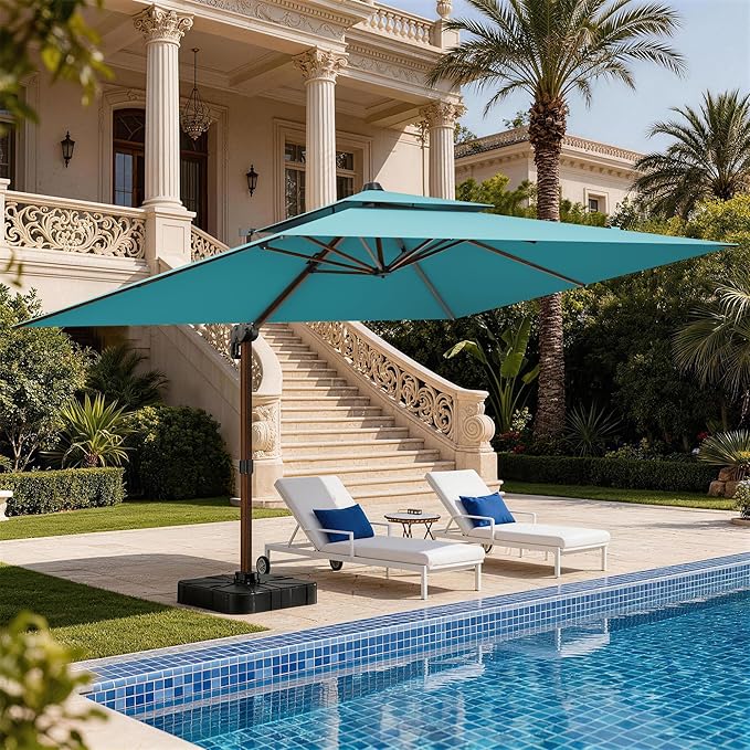 10x13FT Cantilever Outdoor Patio Umbrellas with Base, Double Top Wood Pattern Rectangle Umbrella, Heavy Duty 360°Rotation Offset Umbrella for Garden Deck Pool Patio, Turquoise
