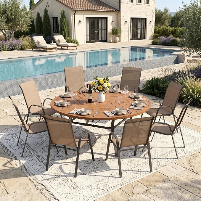 DIFY 9 Piece Outdoor Dining Set, 53" Walnut Round Metal Dining Table and Brown Textilene Stackable Patio Chairs, Patio Table and Chairs Set for 8 with Umbrella Hole for Backyard Garden Deck