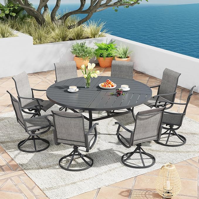 Patio Dining Table for 8-10, Round Metal Outdoor Table with Storage Shelf, 1.57" Umbrella Hole, 60" Outdoor Quartered Tabletop Dining Table for Backyard, Porch, Lawn, Dark Grey