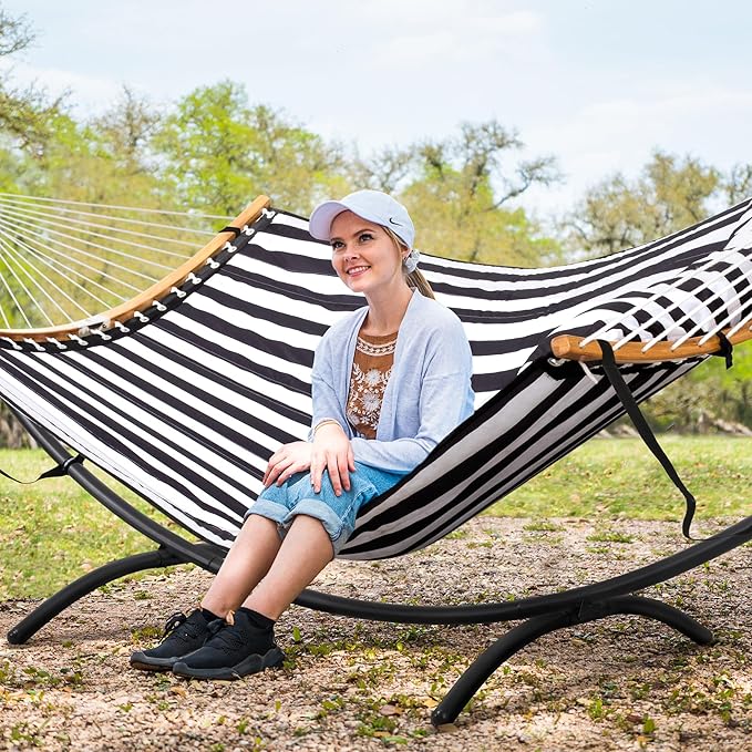 SUNCREAT Hammocks for Outside with Stand, Porch Hammock and Stand, 475 lbs Capacity, Patent Pending, Black & White