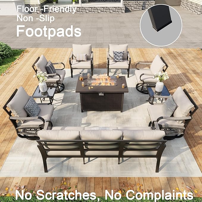 10 Pieces Patio Furniture Set, Metal Outdoor Conversation Sets with Fire Pit Table and Swivel Chairs for Backyard Garden Deck Porch Poolside (Thick Beige Cushions)
