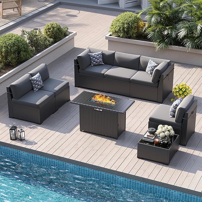 8 Piece Patio Furniture Set with 44” Fire Pit Table All-Weather Wicker Conversation Sectional Sofa & Coffee Table with Thickened Cushions for Backyard, Garden(Grey)