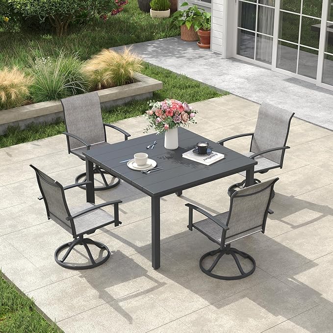 VICLLAX 5 Pieces Patio Dining Set, Patio Furniture Set of Metal Outdoor Table with Umbrella Hole and 4 Swivel Patio Chairs for Backyard Lawn, Grey & Dark Grey