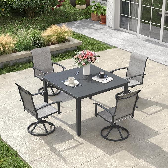 VICLLAX Square Patio Dining Table for 4, Outdoor Patio Table with Umbrella Hole for Garden Lawn Deck Backyard, Dark Grey Tabletop