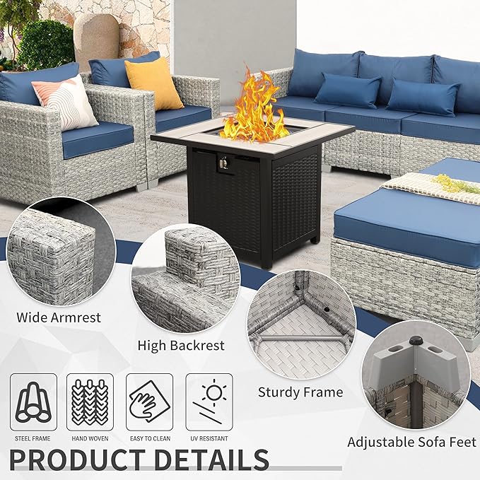 WAROOM Patio Furniture Set 6 Piece PE Rattan Outdoor Conversation Sets Grey Wicker Couch Sectional Sofa with 30" Fire Pit Table and Navy Blue Cushion