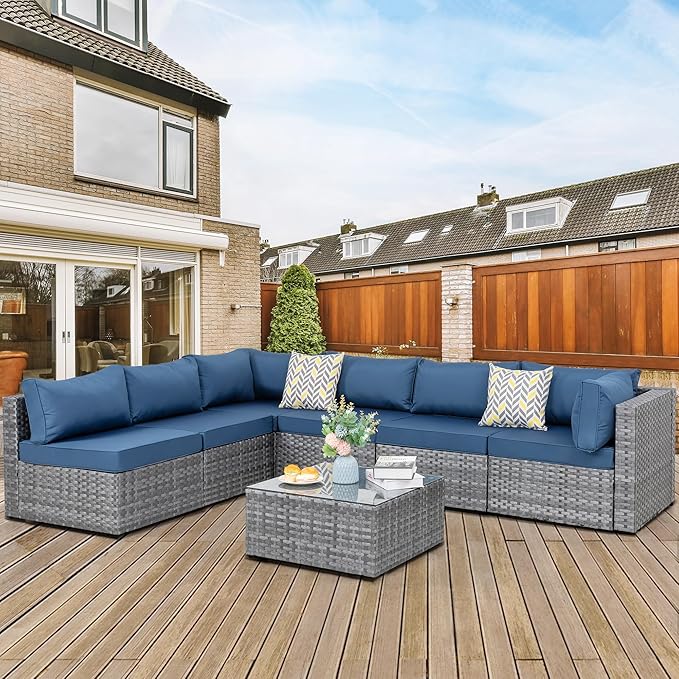 7-Piece Outdoor Patio Furniture Set, Modular PE Rattan Sectional Sofa with Thick Cushions & Glass Coffee Table, Weather-Resistant Wicker Conversation Set for Poolside, Balcony, Garden, Aegean Blue
