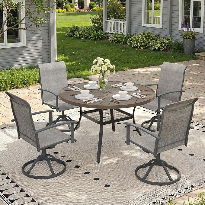 5 Pieces Round Outdoor Table and Chairs Set, Patio Dining Set with 40.6" Round Spliced Outdoor Table and Patio Swivel Chairs for Backyard Lawn Garden, Grey Table and Grey Chairs