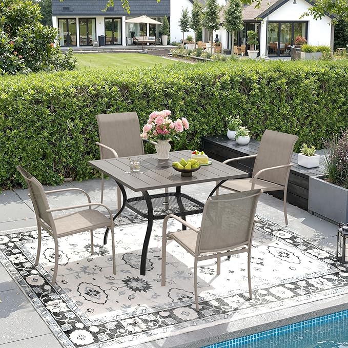 DIFY 5 Pieces Outdoor Patio Dining Set for 4, 37.8" Grey Wood-Like Square Dining Table with Umbrella Hole and 4 Sandshell Stackable Sling Chairs, Outdoor Table and Chairs for Lawn Backyard Garden