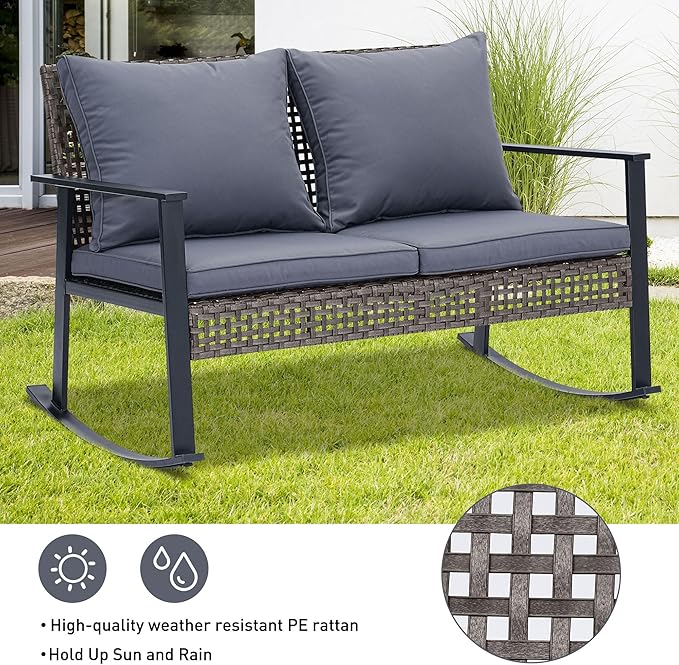 Ainfox Outdoor Wicker Loveseat Rocking Chair, Patio Rattan Rocker Chair with Cushions，All-Weather Modern Cozy Rocking Wicker Furniture for Garden Backyard Porch, Grey