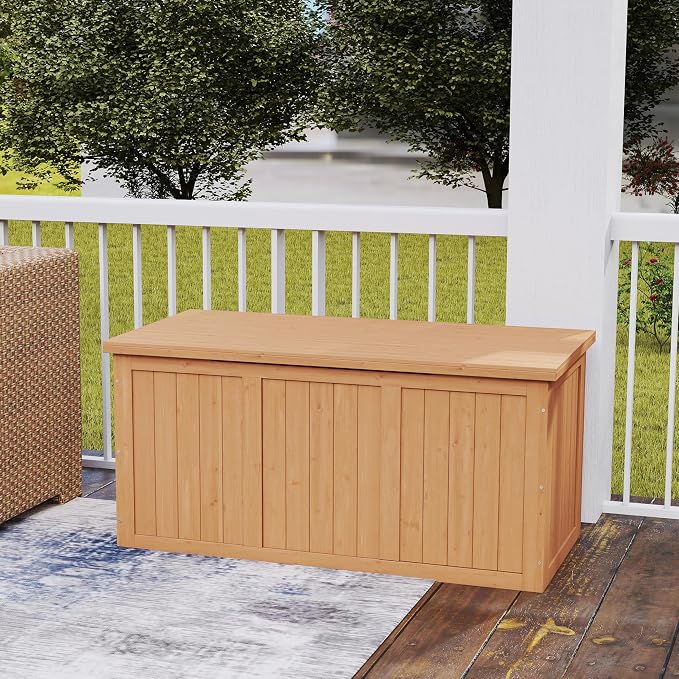 Domesto 112 Gallon Extra-Large Outdoor Deck Box, Solid Wood Storage Box Seat & Table Top, For Patio Cushions, Pool, Garden Tools (Light Brown, 67 Gallon)