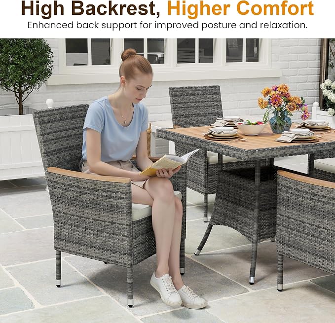 Wisteria Lane Patio Dining Sets for 12, All Weather Rattan Outdoor Table and Chairs with Acacia Wood Tabletop, Patio Dining Furniture with Removable Cushions for Deck Garden, Backyard, Gray