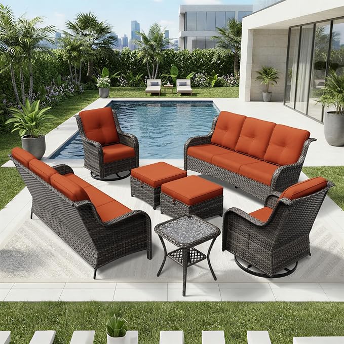 Joyside 7 Piece Wicker Patio Furniture Set, Outdoor Swivel Rocker Patio Chairs with High Back, Deep Seating, Wide Armrest, Thickened Cushions, Outdoor Furniture for Deck, Porch Use
