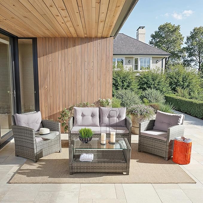 Safavieh PAT7516B Collection Vellor Grey 4-Piece Outdoor Living Patio Set, Grey/Grey