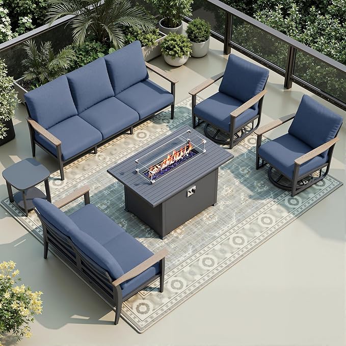 7-Seat Outdoor Patio Furniture Set with Rocking Swivel Chair, Aluminum Sectional Sofa Patio Conversation Set with 55,000 BTU Fire Pit Table & High Backrest & Thickened Cushions, Navy Blue