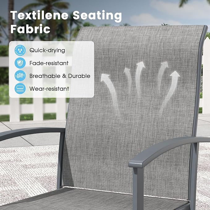 5 Pieces Outdoor Patio Dining Set, 37.8" All Weather Square Metal Table with Umbrella Hole and Storage Shelf, 4 High Back Textilene Swivel Chairs for Garden, Lawn, Grey