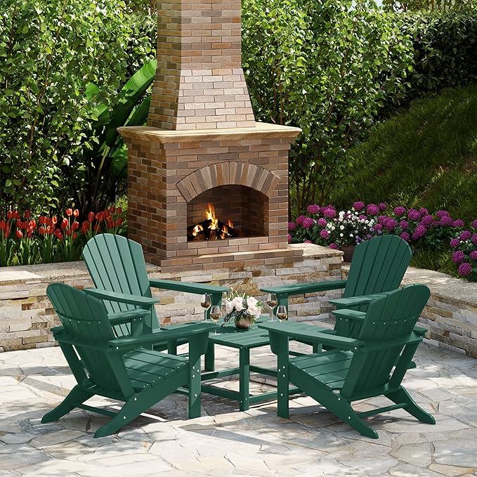 Costaelm Patio Conversation Set, Patio Chairs Set of 5 Balcony Firepit Furniture Outdoor Adirondack Square Table and Chair Backyard Furniture Set for Lawn Porch Pool Garden, Dark Green