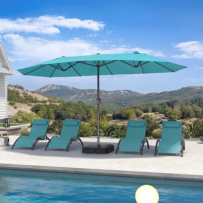PURPLE LEAF 14ft Patio Market Umbrella Outdoor Double-Sided Umbrella with Base and Crank Rectangle Table Umbrella for Pool Deck Garden, Turquoise