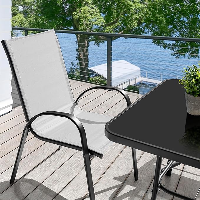 NUU GARDEN 5-Piece Outdoor Patio Dining Set, All-Weather Metal Dining Table with 1.57" Umbrella Hole and 4 Ergonomic Stackable Chairs, Textilene Furniture for Garden, Backyard, Black Gray