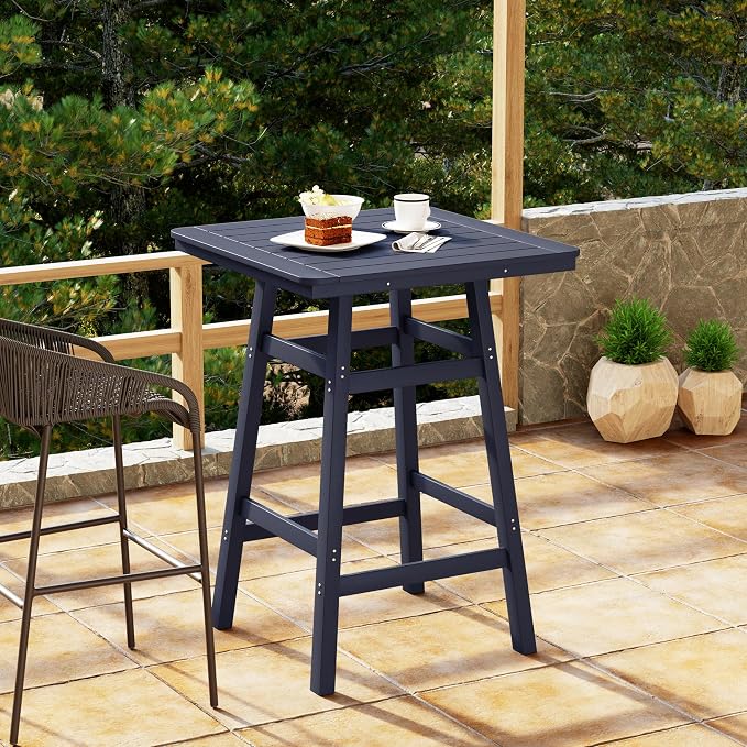 Costaelm Outdoor Bar Table, 42" Counter Height Square Patio Cocktail Bar Table with Umbrella Hole, Patio Bistro Dining Pub Table for Front Porch Deck Backyard Garden, Navy Blue