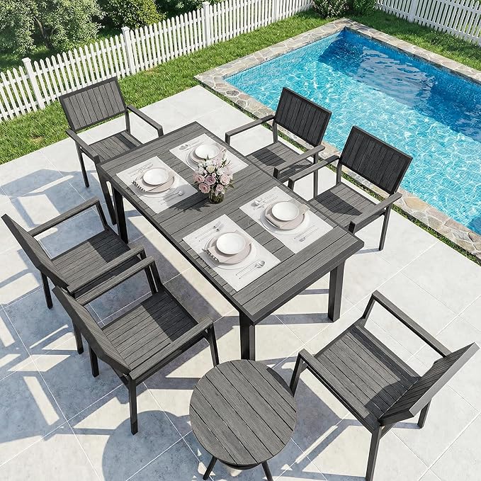 8-Piece Patio Dining Set，Aluminum Outdoor Furniture Set with Wood Table Top,Patio Table and Chairs Set with 6 Outdoor Stackable Chairs for Patio Garden Poolside，Ink