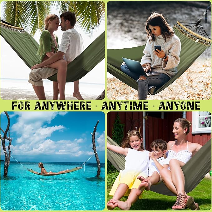 Tranquillo Double Hammock 2 Persons Cotton Canvas 600 lbs Portable Camping Hammock with Solid Curved Wood Spreader Bar Hammock for Camping Travel Indoor Patio Garden, Sage