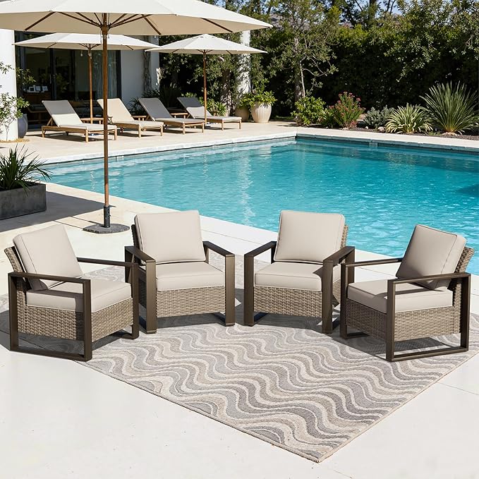 Joyside Outdoor Patio Chairs Set, 4 Pieces Wicker Rattan Chairs with Metal Wide Armrest, Thick Cushions and Deep Seating for Garden, Backyard, Porch, Deck