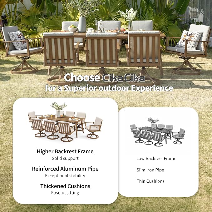 9 Pieces Patio Dining Set for 6, Aluminum Outdoor Dining Table Sets with Umbrella Hole, Modern Outdoor Patio Furniture Set with 8 Swivel Chairs and Table for Backyard, Poolside and Deck,Teak
