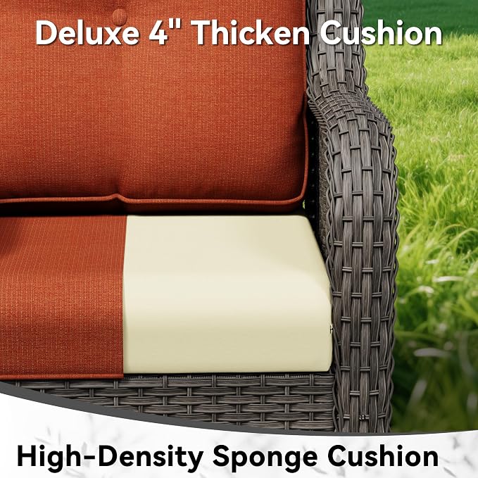 4 Piece Outdoor Wicker Patio Furniture Set, Patio Chairs Set of 4 with Thickened Olefin Cushions, High Back and Deep Seating, Hand-Woven PE Rattan for Porch, Deck, Orange