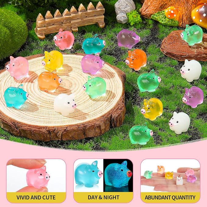 112PCS Luminous Mini Resin Pigs Figures Tiny Pig for Garden Landscape | Mini Pigs Figures Glow in The Dark, Tiny Pig Miniature Charms Ornament for Garden Landscape, Dollhouses Birthday Decor