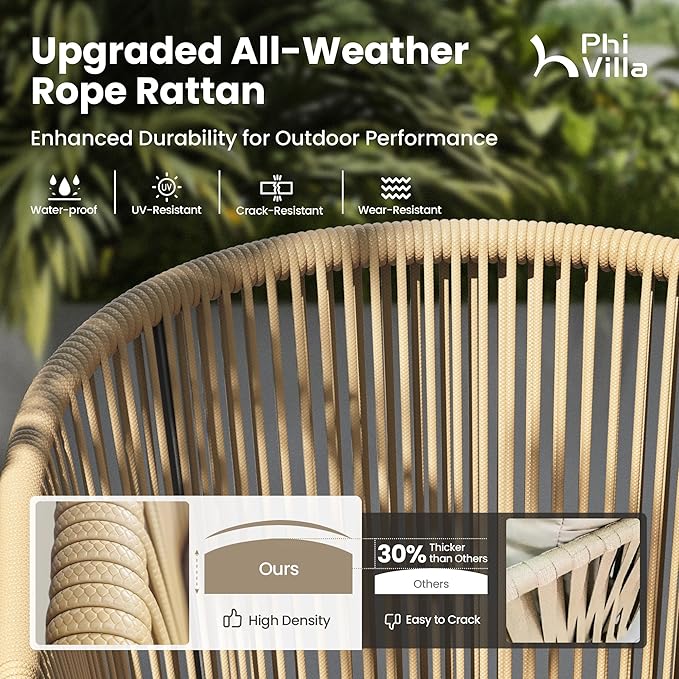 PHI VILLA 5-Piece Patio Dining Set, 37" Square Table, Wicker Chairs | Outdoor Dining Set for 4, Metal Table with Umbrella Hole, Cushioned Brown Rattan chairs. Modern design for patio, deck, porch