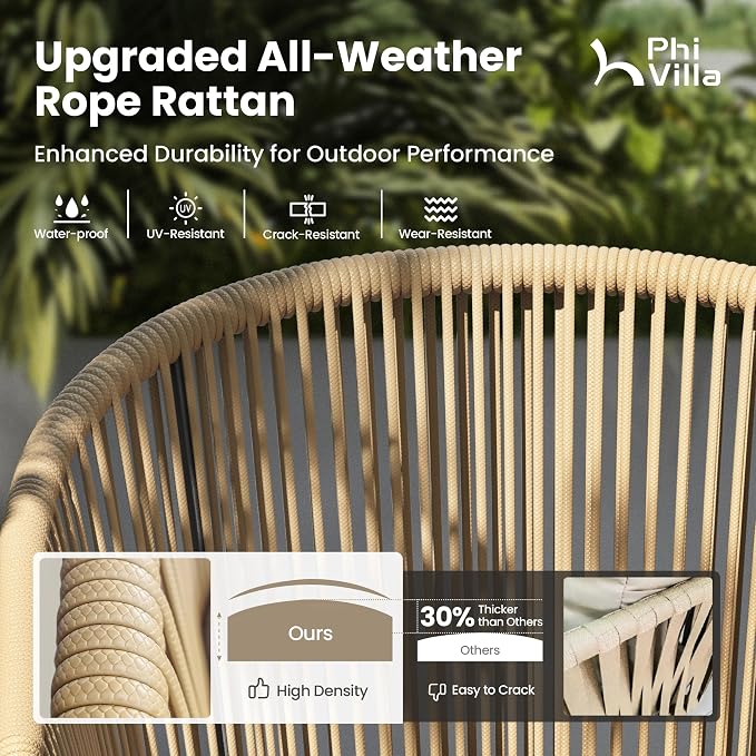 PHI VILLA 9pc Outdoor Dining Set, 83" Rectangle Table & 8 Rattan Chairs | Outdoor dining set for 8, Metal table with umbrella hole, Cushioned brown wicker chairs. Modern design for patio, deck, porch